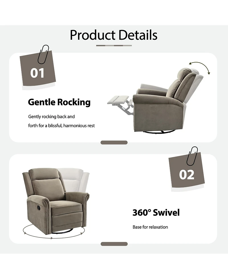 Clihome Velvet Swivel Rocking Chair, Modern Upholstered Glider Chair Adjustable Backrest Recline