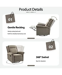 Clihome Velvet Swivel Rocking Chair, Modern Upholstered Glider Chair Adjustable Backrest Recline