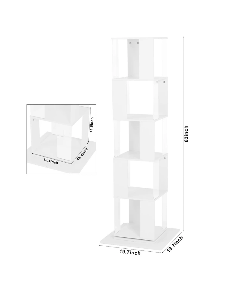 Rainsken 360° Rotating Bookshelf, 5-Tier Floor Standing Bookcase, Modern Display Rack with Acrylic Plate, Anti-toppling Base for Living Room