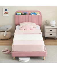 gaomon Full Bed Frame Bookcase Headboard Upholstered Platform Twin Size Wooden Slats Support No Box Spring