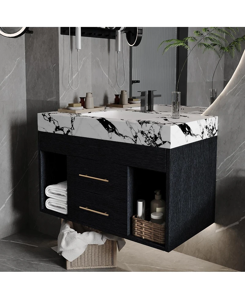 Sillysis 29.9" Floating Bathroom Vanity with Ceramic Sink, Sintered Stone Top, 2 Soft Close Drawers, Wall Mounted for Small Bathrooms