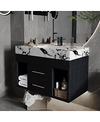 Sillysis 29.9" Floating Bathroom Vanity with Ceramic Sink, Sintered Stone Top, 2 Soft Close Drawers, Wall Mounted for Small Bathrooms