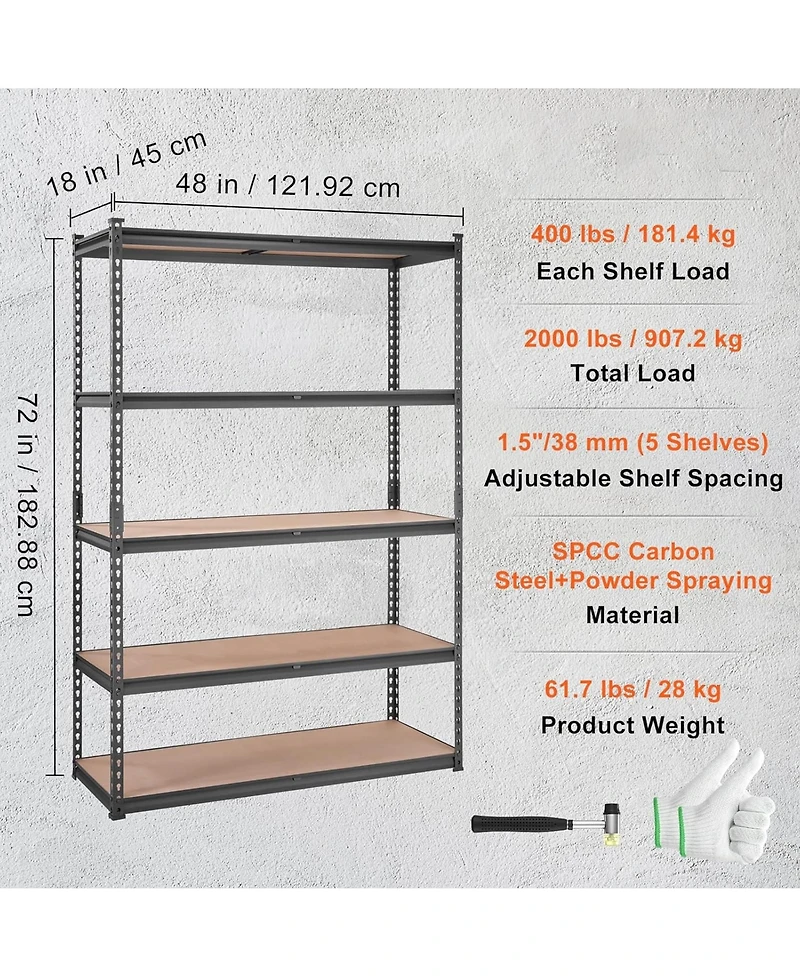 Rainsken Storage Shelving Unit, 5-Tier Adjustable Metal Storage Shelves, Heavy Duty Organizer Rack for Pantry, Basement, 18" D x 48" W x 72&
