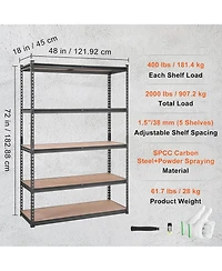 Rainsken Storage Shelving Unit, 5-Tier Adjustable Metal Storage Shelves, Heavy Duty Organizer Rack for Pantry, Basement, 18" D x 48" W x 72&