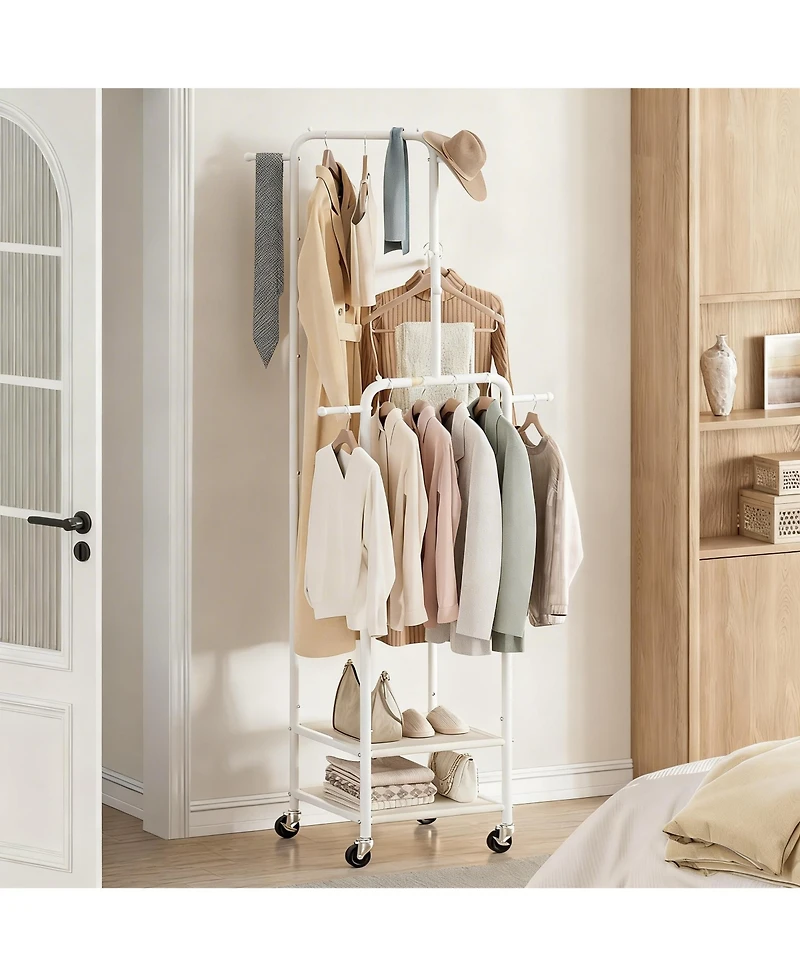 Yigii 71" Heavy Duty Metal Clothes Rack, 3-Section, 6 Hooks, 2 Shelves, Portable