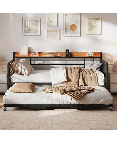 gaomon Daybed with Trundle Bed, Storage Headboard with Charging Station and Additional Storage Bags, Sofa Day Bed with Strong Supports for Living Room