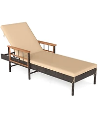 Gymax Patio Rattan Chaise Lounge Reclining Lounger Chair w/ Wood Armrests Outdoor