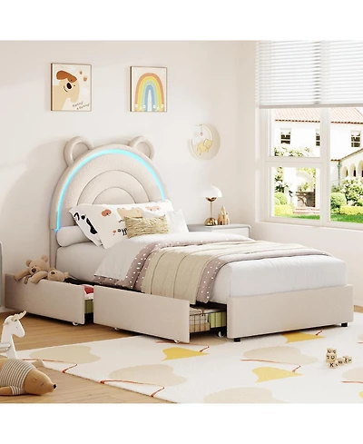 gaomon Velvet Upholstered Platform Bed Frame with Led Light, Storage Drawer, Cute Bear Headboard & Solid Wooden Slat Support
