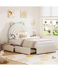 gaomon Velvet Upholstered Platform Bed Frame with Led Light, Storage Drawer, Cute Bear Headboard & Solid Wooden Slat Support