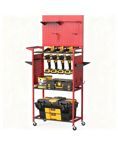 Yigii Large Pegboard Tool Organizer Cart with 3-Tier Shelves for Garage and Home