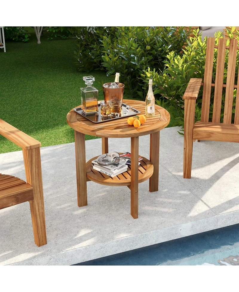 sumyeg Outdoor Teak Wood Round Side Table with Slatted Shelf