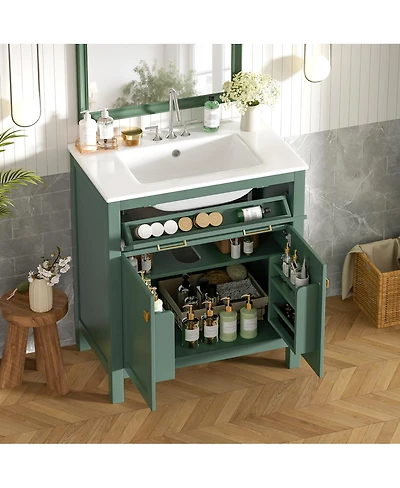 Sillysis 30" Bathroom Vanity with Ceramic Sink, Soft Close Doors & Adjustable Shelf, Modern Storage Cabinet for Small Spaces