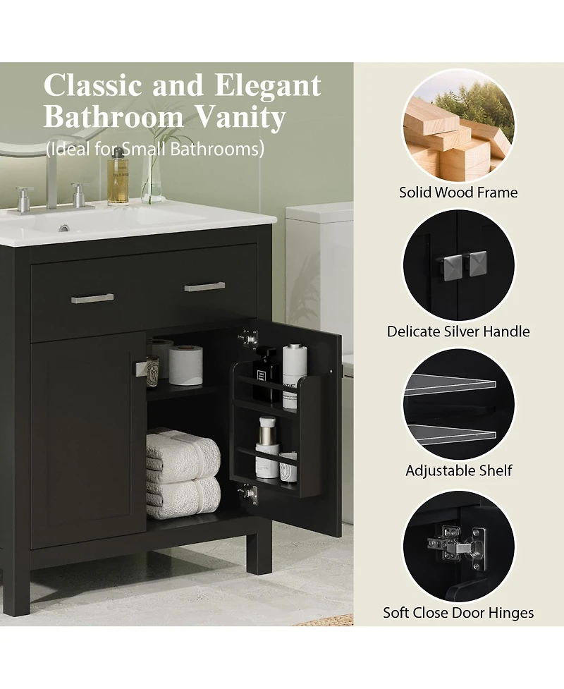 Sillysis 30" Bathroom Vanity with Ceramic Sink, Soft Close Doors & Adjustable Shelf, Modern Storage Cabinet for Small Spaces