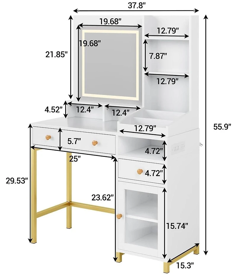 gaomon Makeup Vanity Desk with Led Mirror, 2 Drawers, 2 Shelves, Cabinet & Power Outlet