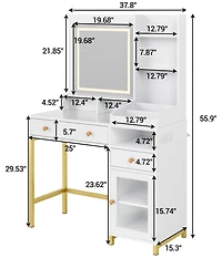 gaomon Makeup Vanity Desk with Led Mirror, 2 Drawers, 2 Shelves, Cabinet & Power Outlet