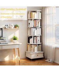 Rainsken 6 Tier Rotating Bookshelf with Drawers On Wheel, 360° Display Spinning Corner Bookcase, Wooden Storage Rack for Study Room, Office
