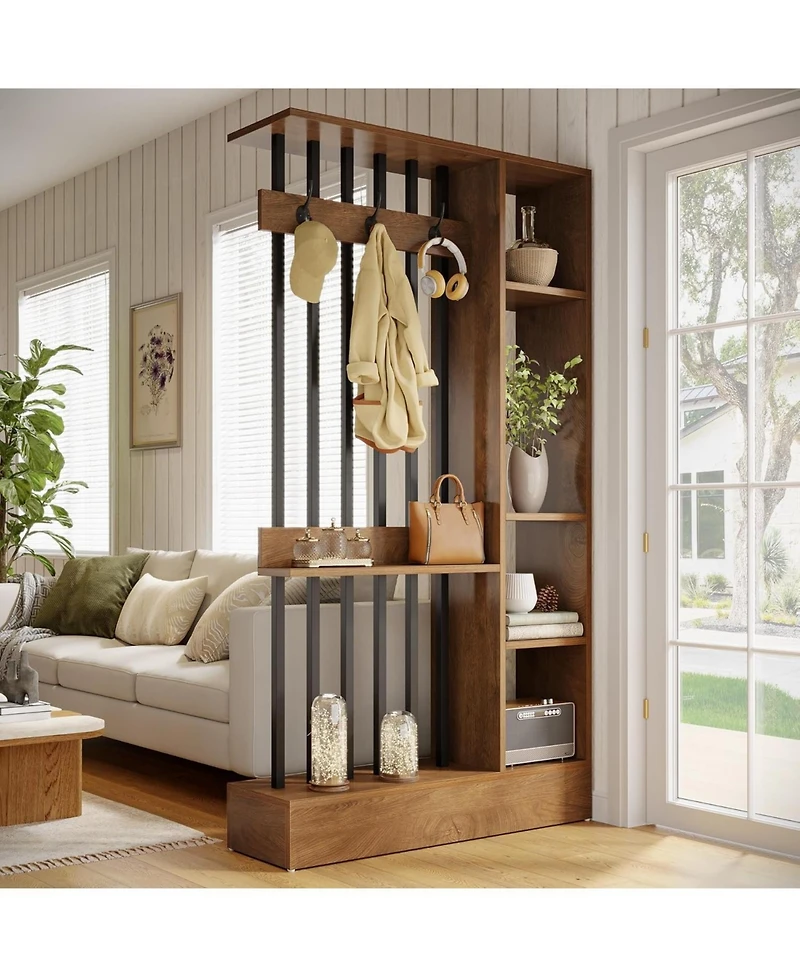 Tribesigns 71" Wall Room Divider with Shelves & Coat Hooks, Wood Freestanding Room Divider Bookcase for Home & Office Decorative.