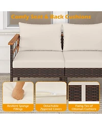 Gymax Set of 7 Wicker Furniture Set w/Ottomans Side Table Acacia Wood Tabletop Armrests