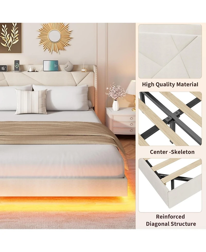 gaomon King Floating Bed Frame Led Lights Usb Charging Upholstered Storage Headboard Metal Slats No Box Spring