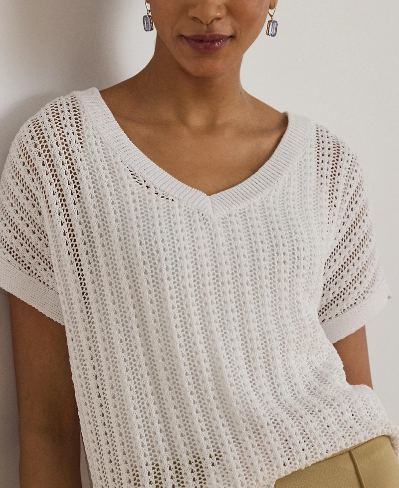 Lauren Ralph Women's Short-Sleeve V-Neck Ribbed Sweater