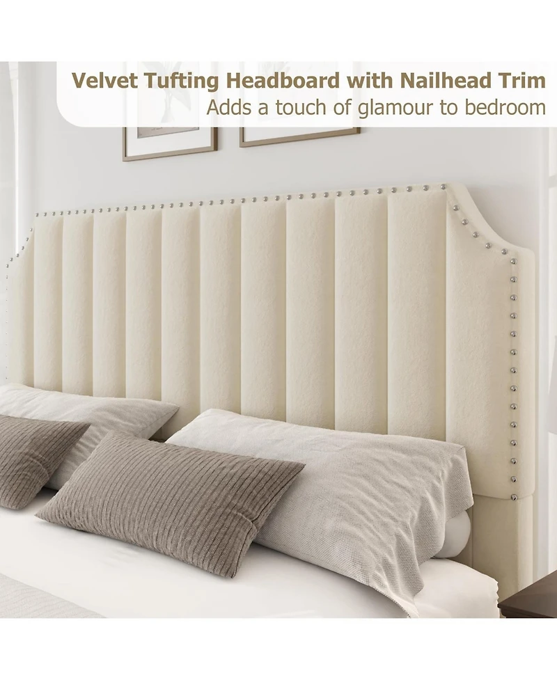 gaomon California King Platform Bed Frame Velvet Upholstered Tall Headboard Footboard Nailhead Trim No Box Spring Cream