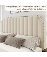 gaomon California King Platform Bed Frame Velvet Upholstered Tall Headboard Footboard Nailhead Trim No Box Spring Cream