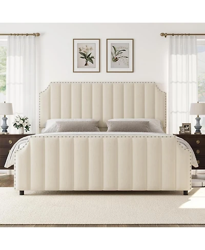 gaomon California King Platform Bed Frame Velvet Upholstered Tall Headboard Footboard Nailhead Trim No Box Spring Cream