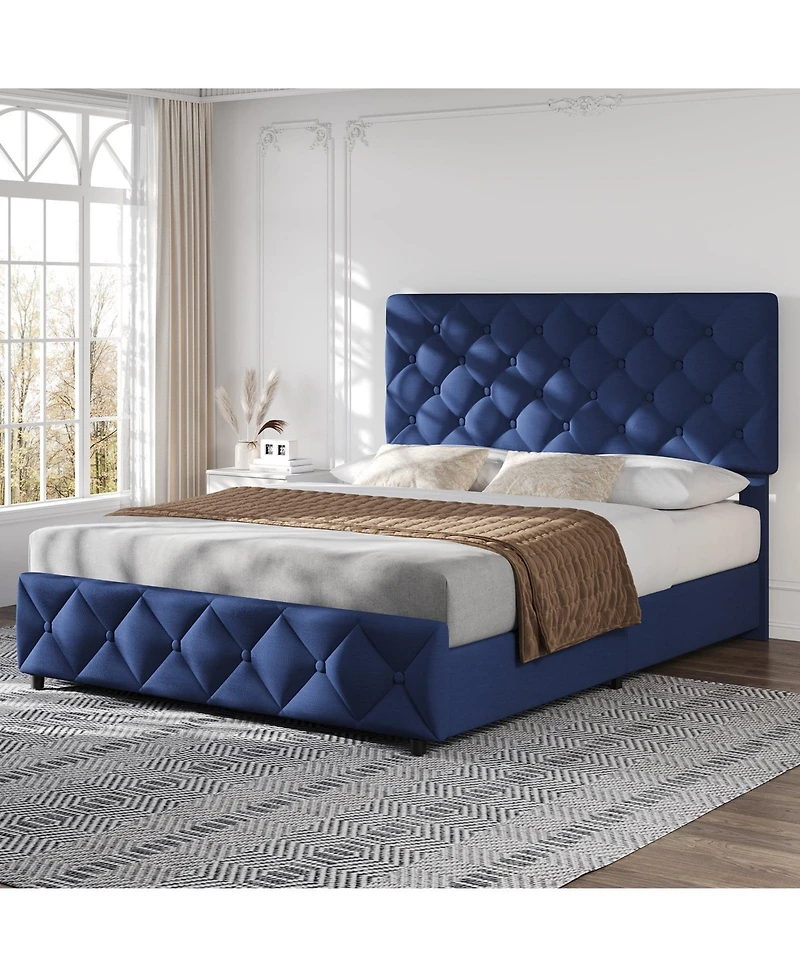 gaomon Bed Frame Adjustable Headboard 4 Storage Drawers Linen Upholstered Platform Diamond Tufted No Box Spring