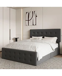gaomonl Bed Frame 4 Storage Drawers Linen Upholstered Headboard Wooden Slats No Box Spring Button Tufted