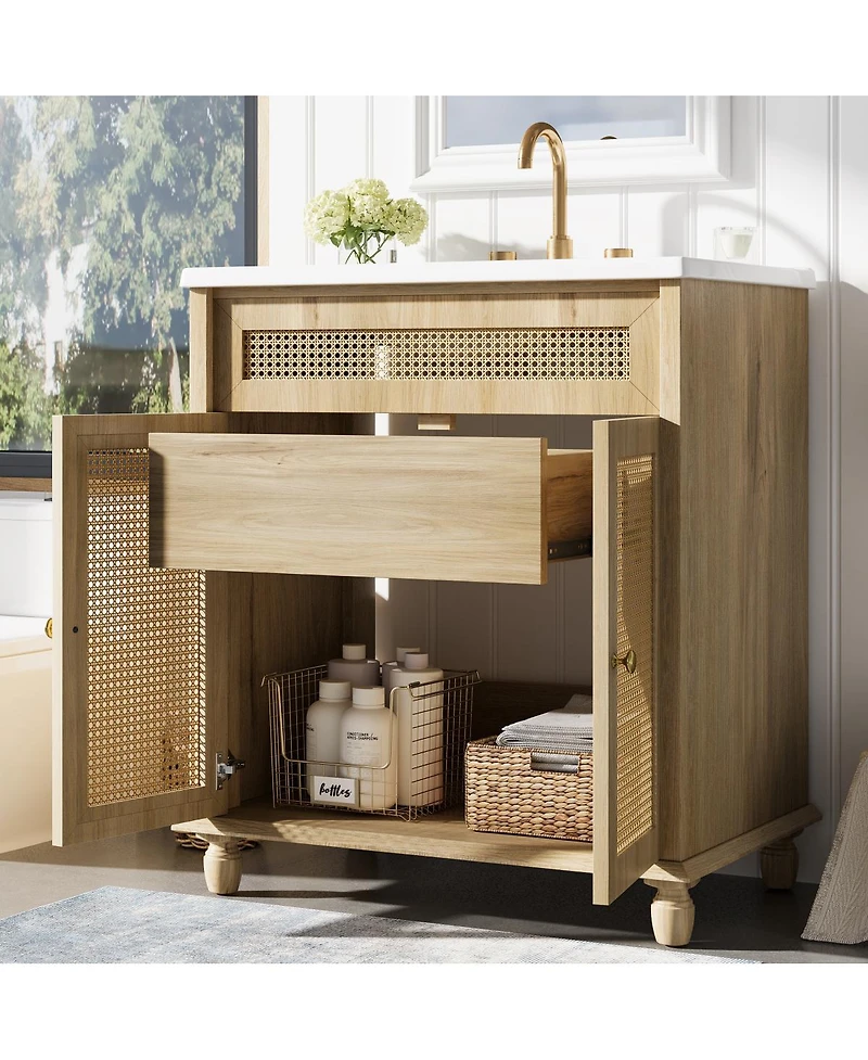 Sillysis Natural Bathroom Vanity with Resin Sink, Freestanding Cabinet with Rattan Doors & Soft Close for Modern Storage
