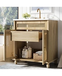 Sillysis Natural Bathroom Vanity with Resin Sink, Freestanding Cabinet with Rattan Doors & Soft Close for Modern Storage