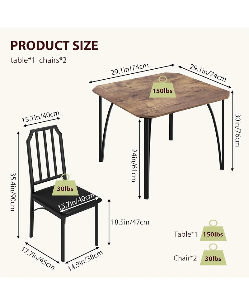Gaomon 3-Piece Square Dining Set for 2, Table & Upholstered Chairs, Rustic Brown/Brown