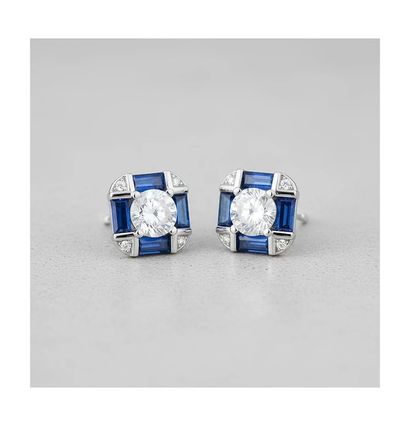 Genevive Sterling Silver White Gold Plated with Blue & Vintage Cushion Geometric Stud Earrings