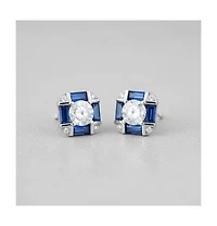 Genevive Sterling Silver White Gold Plated with Blue & Vintage Cushion Geometric Stud Earrings