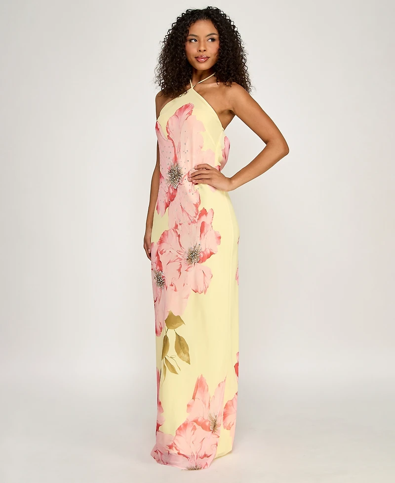 Seni & Cade Women's Large Floral Print Halter Drape Back Dress