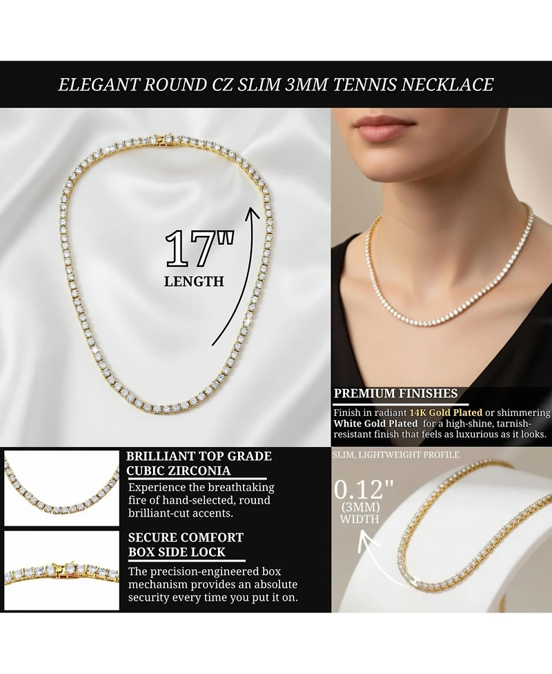 White Gold Plated And 14k Cubic Zirconia 3MM Tennis Necklace