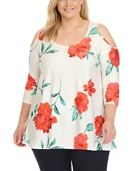 White Mark Plus Floral Cold Shoulder Knit Tunic Top