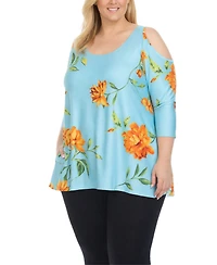 White Mark Plus Floral Cold Shoulder Knit Tunic Top