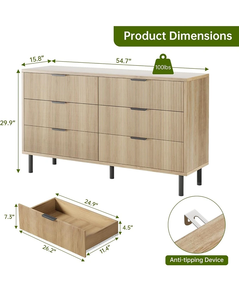 gaomon Fluted Dresser with 6 Drawers, 29.9'' Tall Closet Dresser Organizer with Anti-Tipping Device