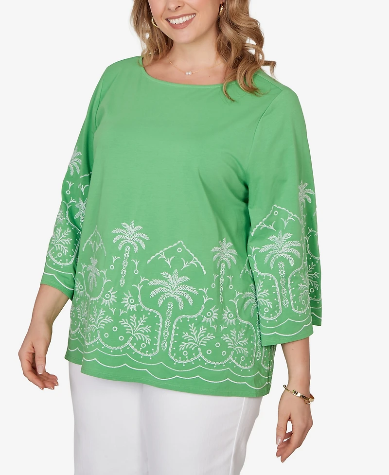 Ruby Rd. Plus Palm Tree Embroidered Knit Top