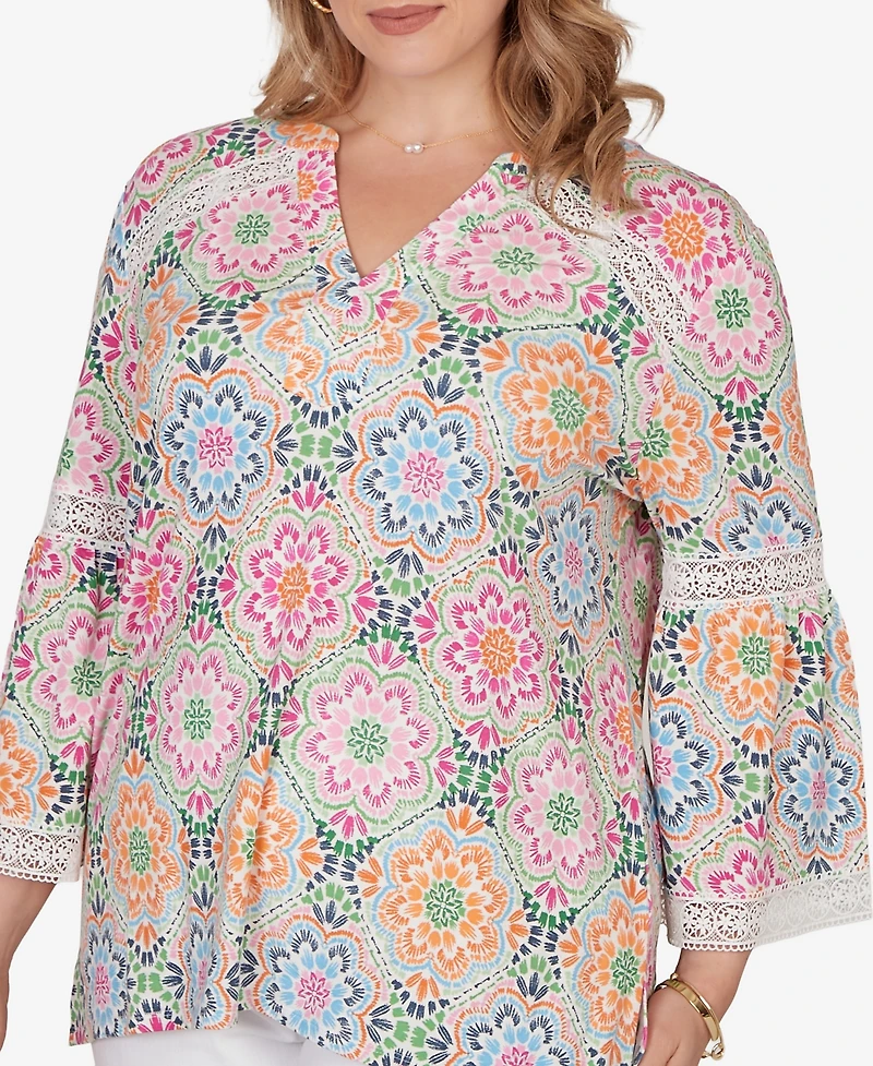 Ruby Rd. Plus Medallion Print Lace Detail Knit Top
