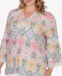Ruby Rd. Plus Medallion Print Lace Detail Knit Top
