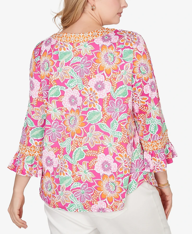 Ruby Rd. Plus Floral Puff Print Ruffle Sleeve Knit Top