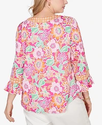 Ruby Rd. Plus Floral Puff Print Ruffle Sleeve Knit Top
