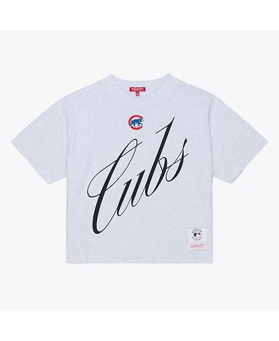 Mitchell & Ness Women's Heather Gray Chicago Cubs Script Cropped Boxy T-Shirt