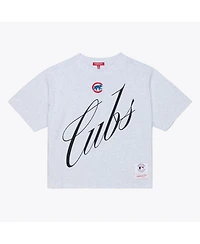 Mitchell & Ness Women's Heather Gray Chicago Cubs Script Cropped Boxy T-Shirt