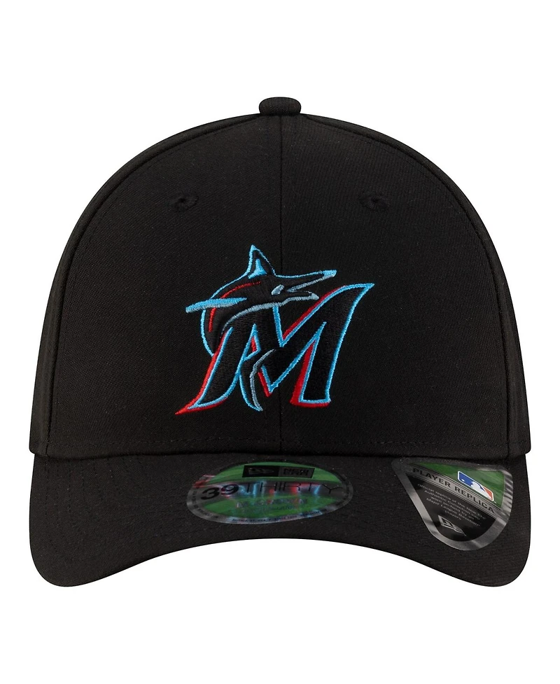 New Era Men's Black Miami Marlins Player Replica 39THIRTY M-Crown Flex Hat