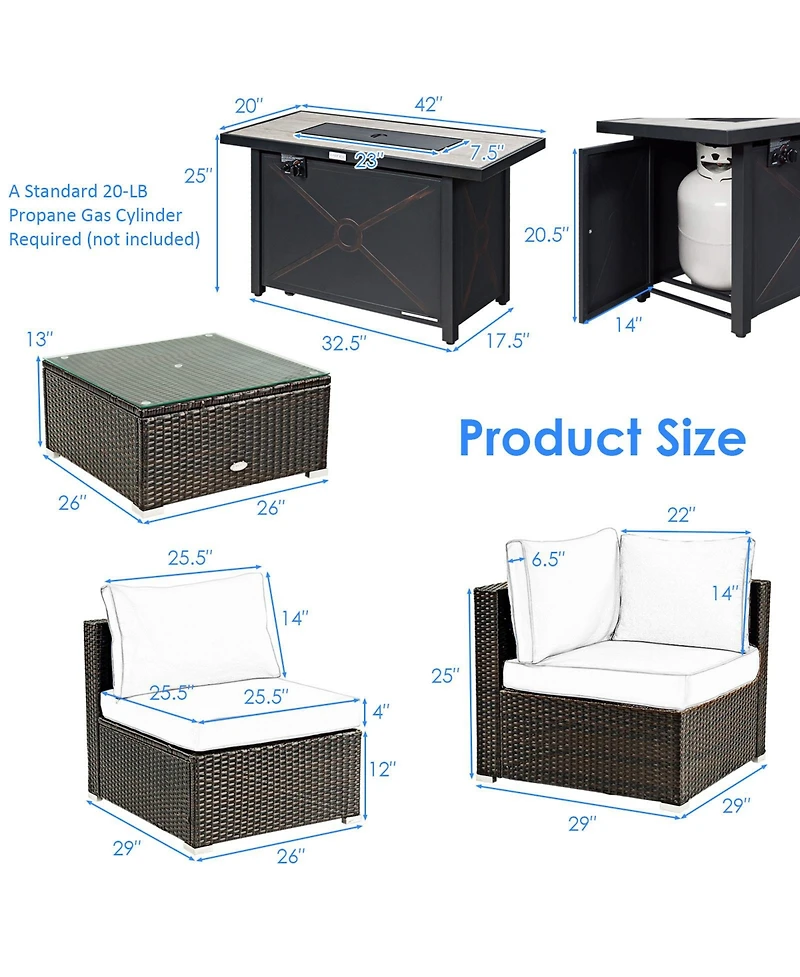 Costway 6PCS Patio Furniture Set Rattan Cushioned Sofa Gas Fire Pit Table