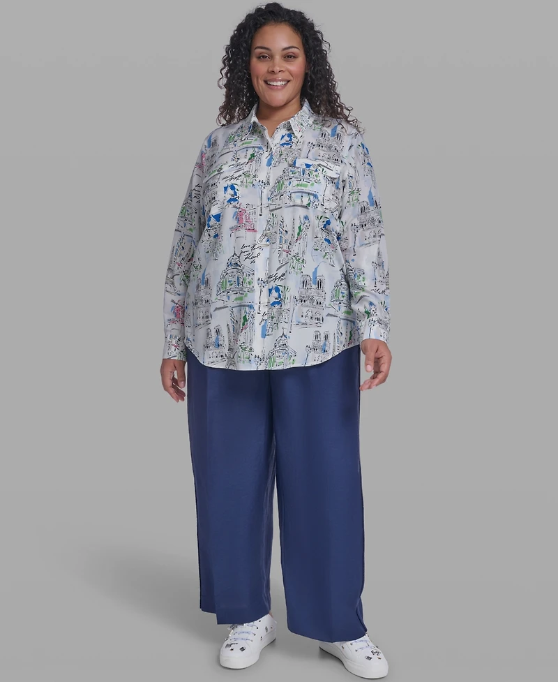 Karl Lagerfeld Paris Plus Printed Collared Blouse