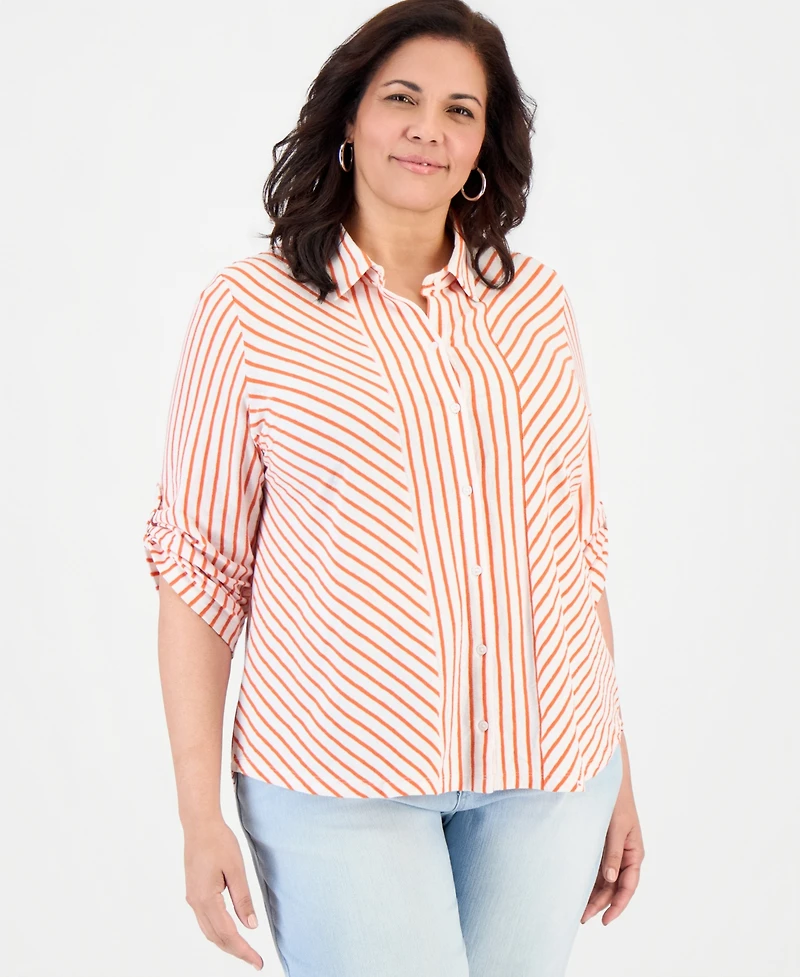 Style & Co Plus Striped Knit Roll-Tab Shirt, Macy's Exclusive